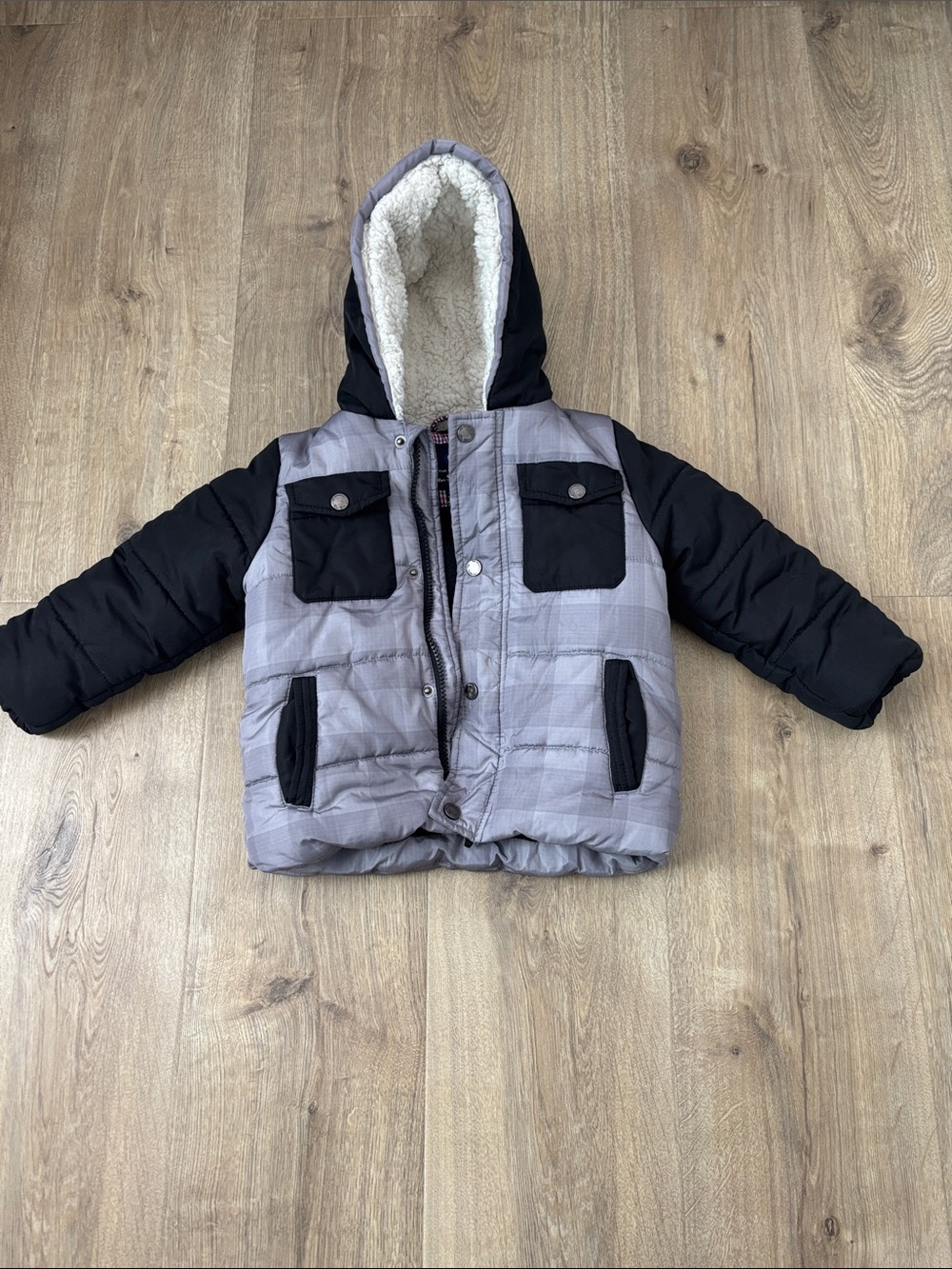 Ben Sherman Gray and Black Sherpa-Lined Hooded Puffer Jacket